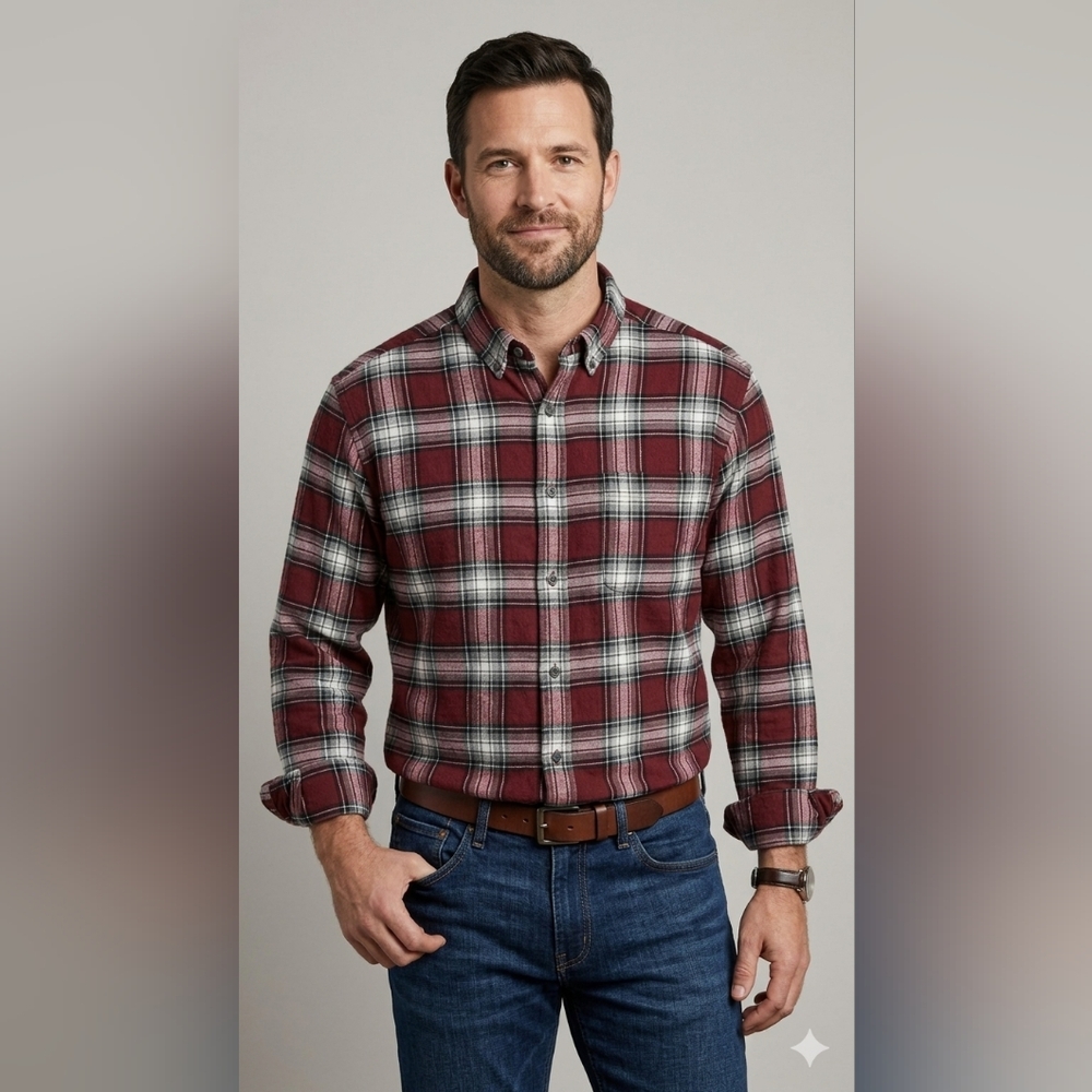 Croft & Barrow Men's Burgundy and White Plaid Flannel Button-Down Shirt Size XL